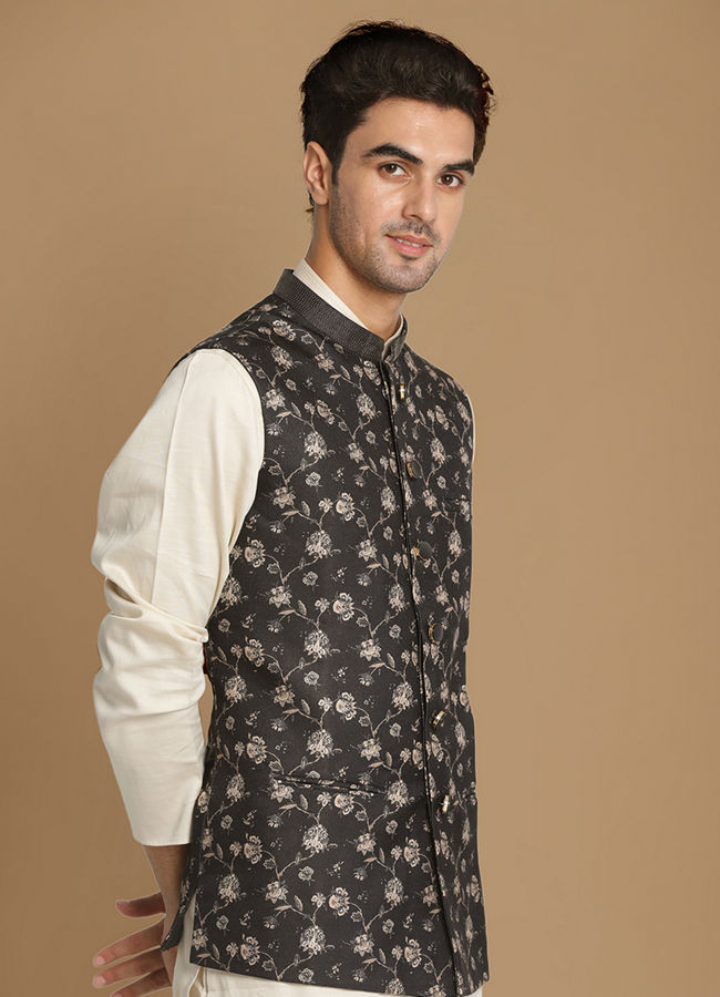 Buy Floral Print Blue Jacket With White Kurta Pajama Online